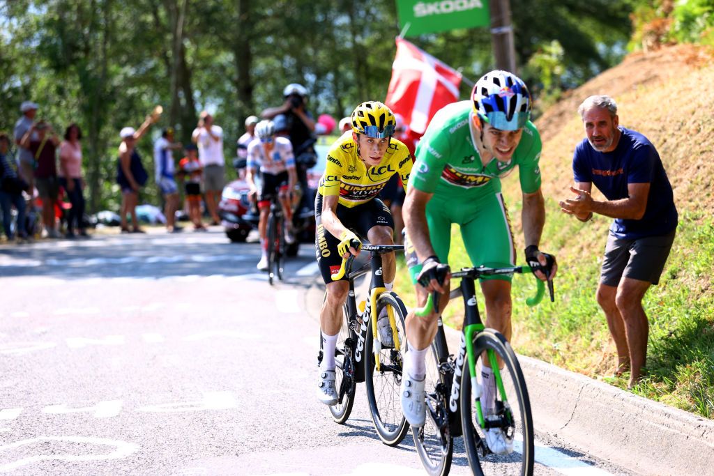 Wout van Aert pulls Jonas Vingegaard clear of Tadej Pogacar on stage 18 of the Tour de France