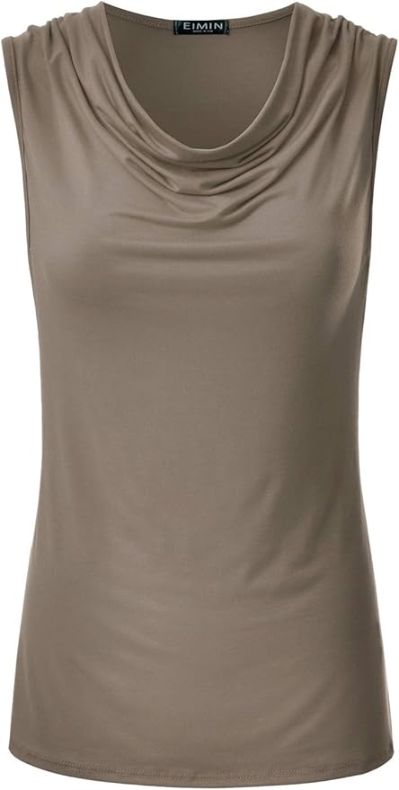 EIMIN, Eimin Women's Cowl Neck Ruched Draped Sleeveless Stretchy Blouse Tank Top Mocha 1xl