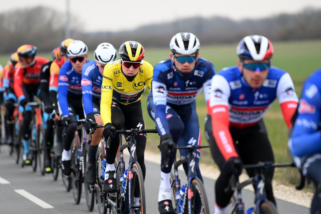 FONTAINEBLEAU FRANCE MARCH 06 Tim Merlier of Belgium and Team Soudal QuickStep Yellow Leader Jersey competes during the 81st Paris Nice 2023 Stage 2 a 1637km stage from Bazainville to Fontainebleau ParisNice on March 06 2023 in Fontainebleau France Photo by Alex BroadwayGetty Images