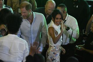 Prince Harry, Duke of Sussex, and Meghan, Duchess of Sussex are seen at the Afro Women and Power Forum at the Municipal Theater of Cali during a visit around Colombia on August 18, 2024 in Cali, Colombia.