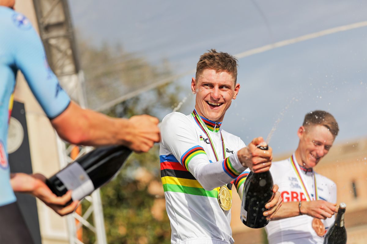 Picture by Alex Whitehead/SWpix.com - 08/10/2023 - Cycling - 2023 UCI Gravel World Championships - Elite Men - Provincia di Treviso, Veneto, Italy - Matej Mohoric of Slovenia wins the 2023 Menâ€™s Elite UCI Gravel World Championships with Florian Vermeersch of Belgium in second and Connor Swift of Great Britain in third