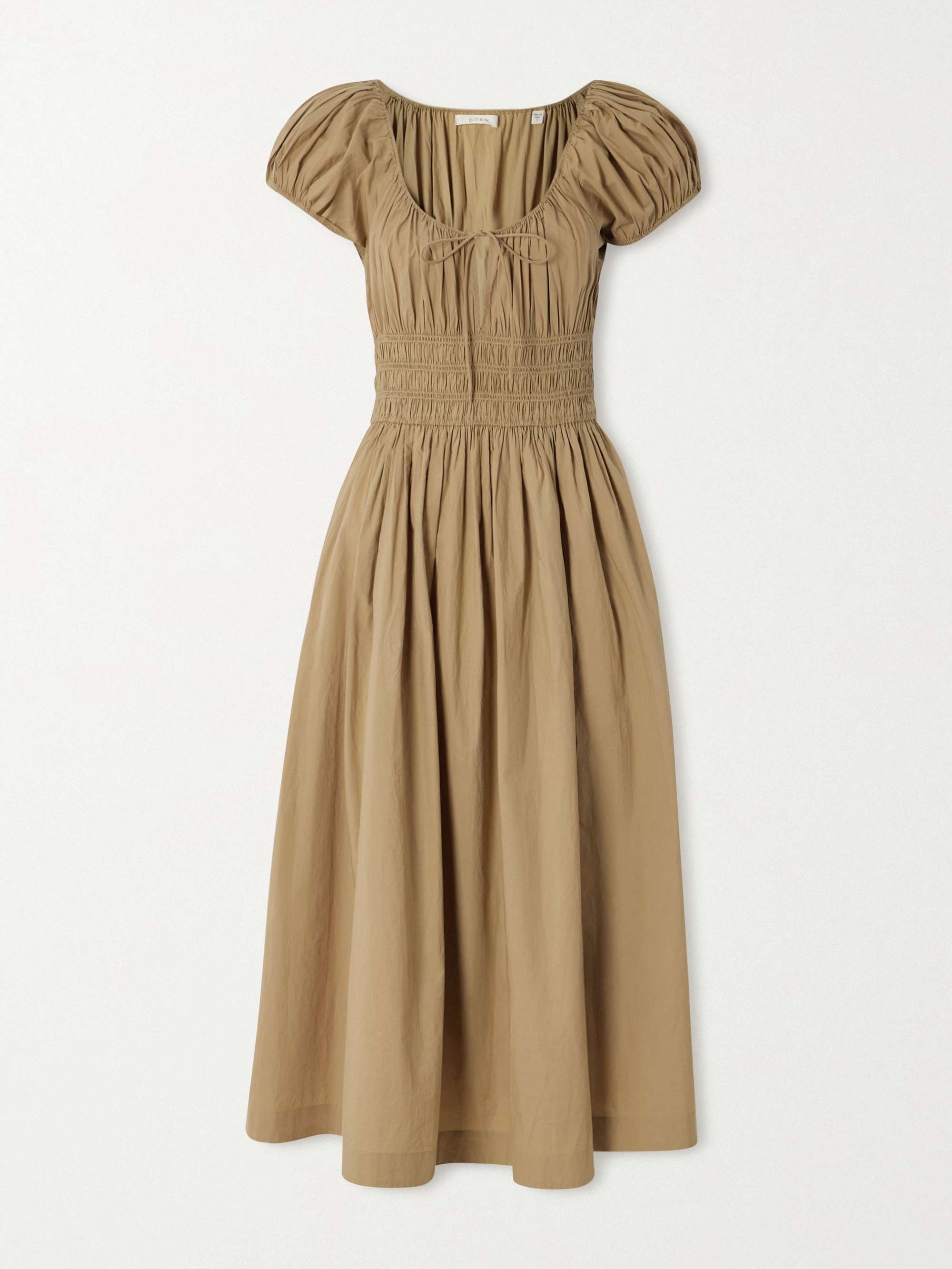 Quinn Tie-Detailed Shirred Cotton-Poplin Midi Dress