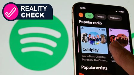 Close-up images show the Spotify logo and mobile application interface on a smartphone screen