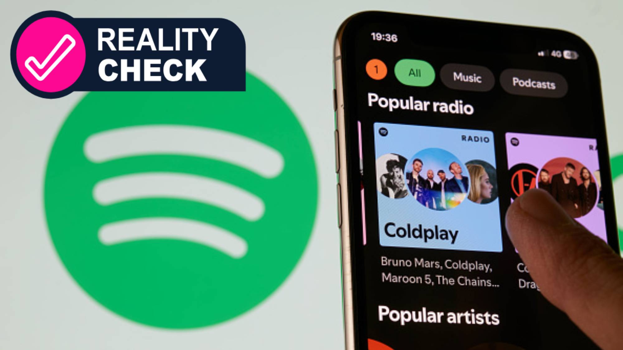 Close-up images show the Spotify logo and mobile application interface on a smartphone screen