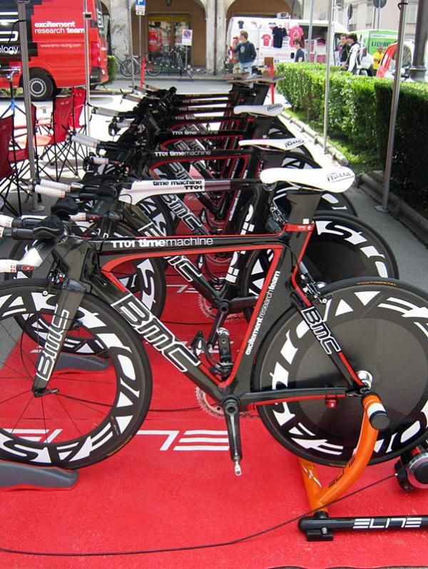 Eight BMC time trial machines, including the custom painted bike for Cadel Evans, are ready to go.