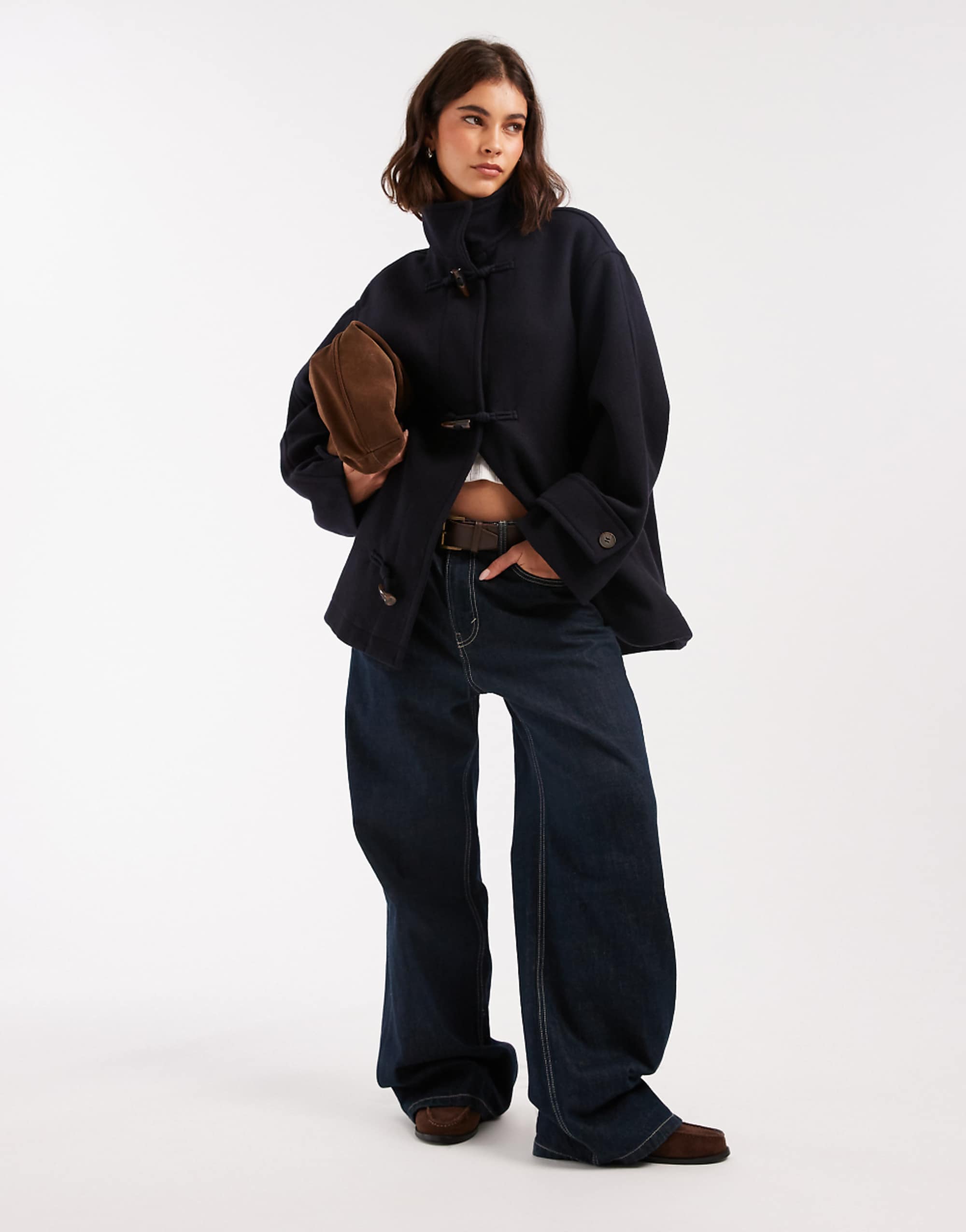 Asos Design Brushed Funnel Neck Coat With Toggle Detail in Navy