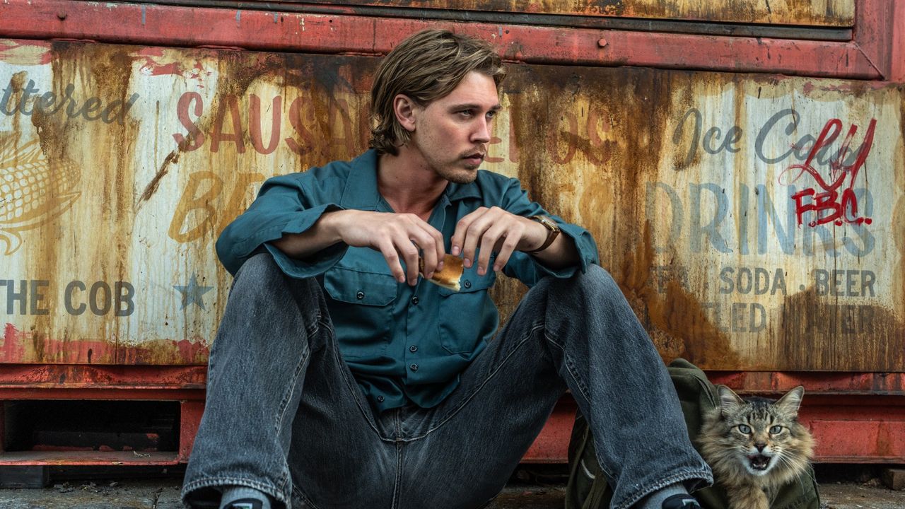 Austin Butler and a cat in Caught Stealing