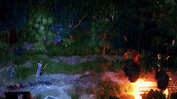 A viking riding a T rex emerging from a forest in Dinolords.