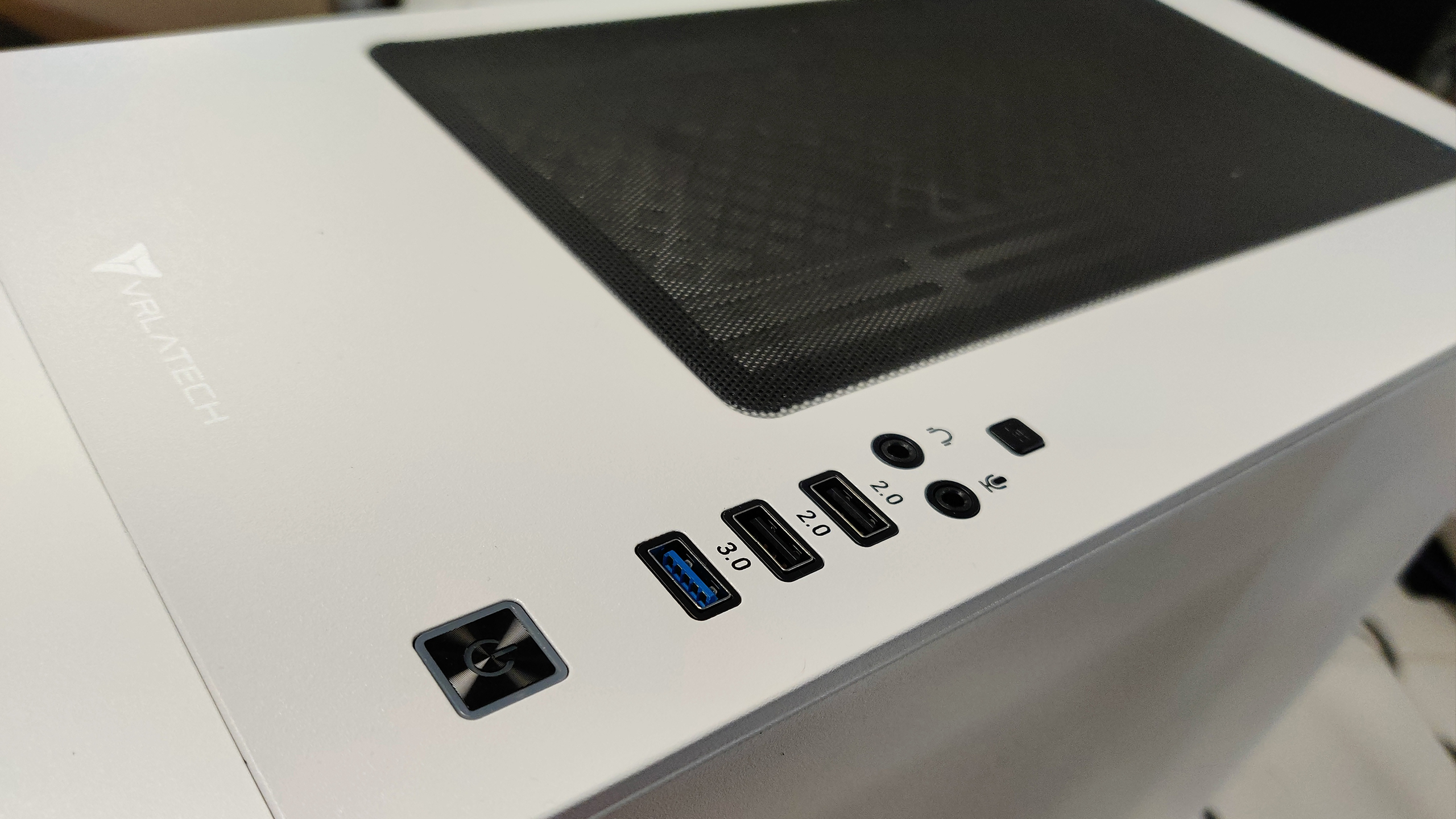 The VRLA Tech Gaming PC top ports.