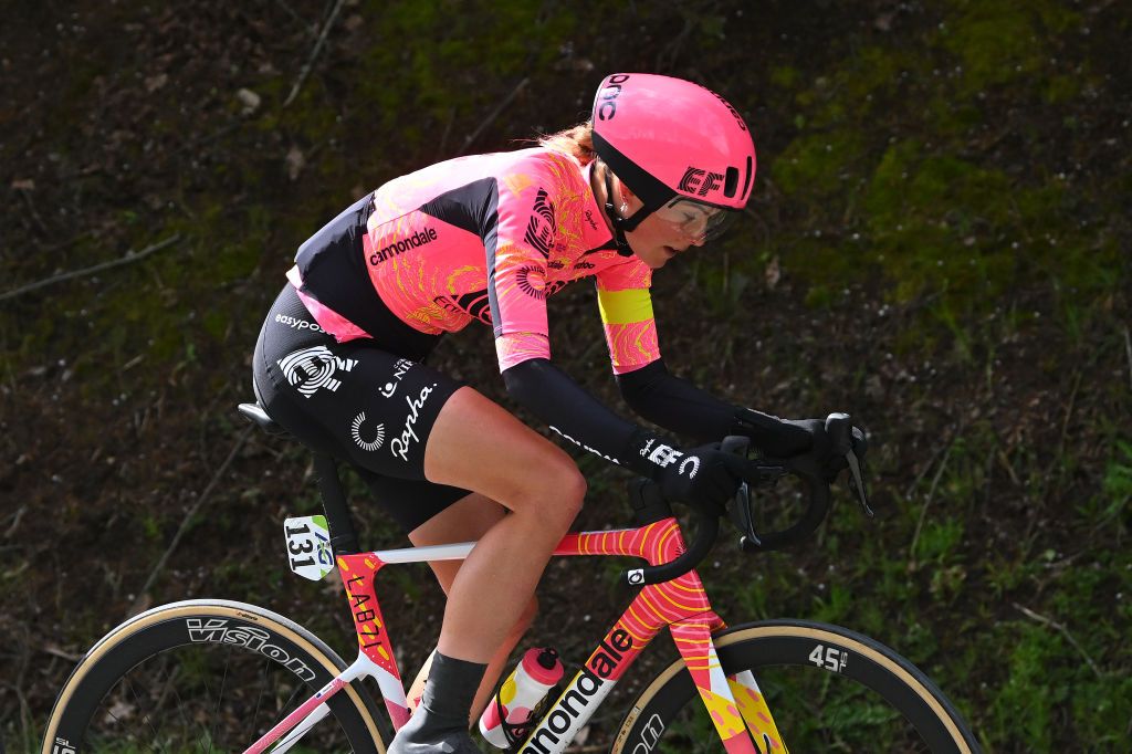 LIEGE BELGIUM APRIL 24 Kim Cadzow of New Zealand and Team EF EducationCannondale competes in the chase group during the 8th Liege Bastogne Liege Femmes 2024 a 1529km one day race from Bastogne to Liege UCIWWT on April 24 2024 in Liege Belgium Photo by Luc ClaessenGetty Images
