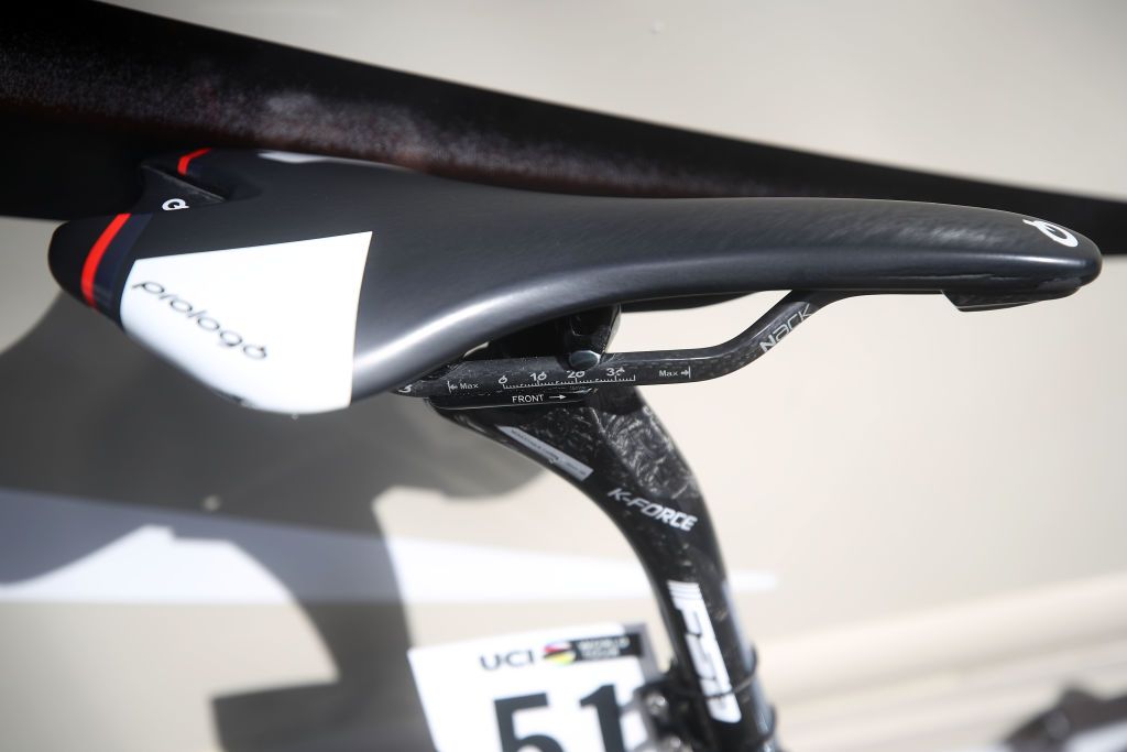 Dennus has a setback seat post alongside a Prologo team issue saddle