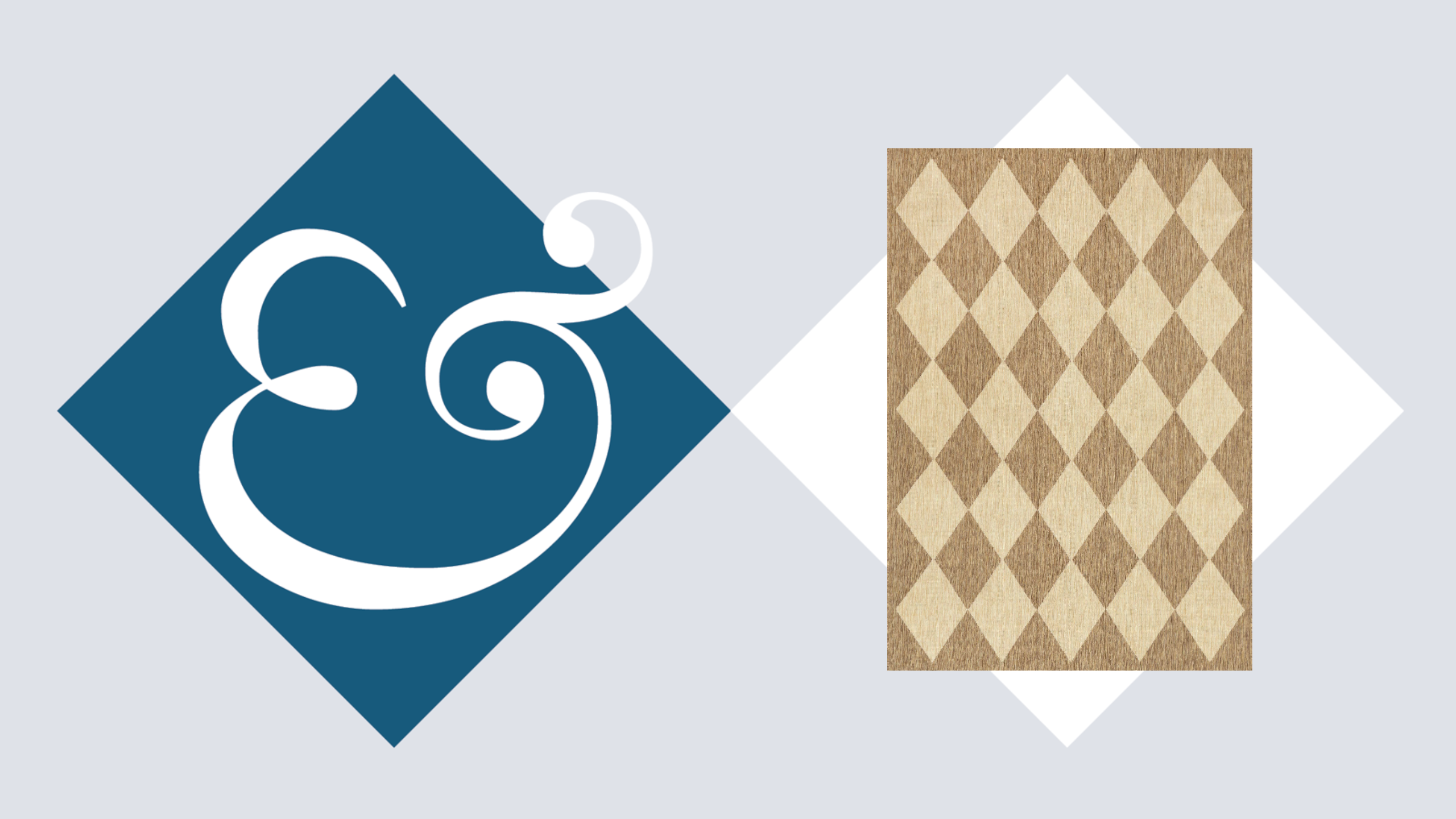 Diamond-pattern tonal beige laundry room rug pictured against a checkered H&amp;G logo background