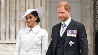 Meghan, Duchess of Sussex and Prince Harry, Duke of Sussex attend the National Service of Thanksgiving at St Paul's Cathedral on June 03, 2022