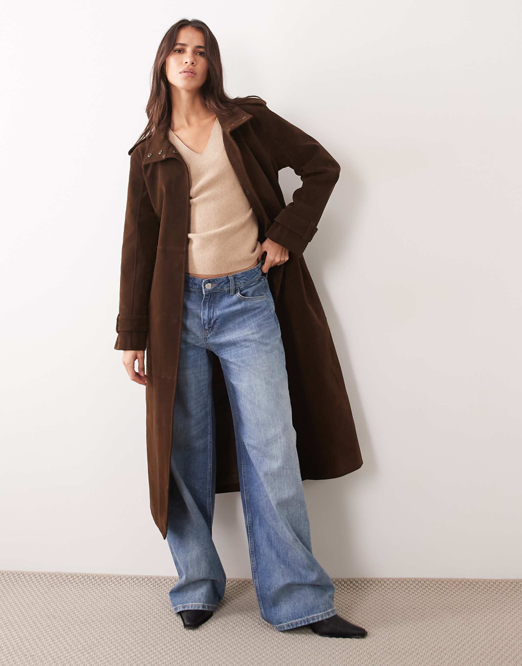 Abercrombie &amp;amp; Fitch Faux Suede Funnel Neck Belted Trench Coat in Brown