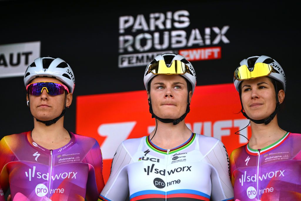DENAIN FRANCE APRIL 06 Lotte Kopecky of Belgium and Team SD Worx Protime prior to the 4th ParisRoubaix Femmes 2024 a 1485km one day race from Denain to Roubaix on UCIWWT April 06 2024 in Denain France Photo by Luc ClaessenGetty Images