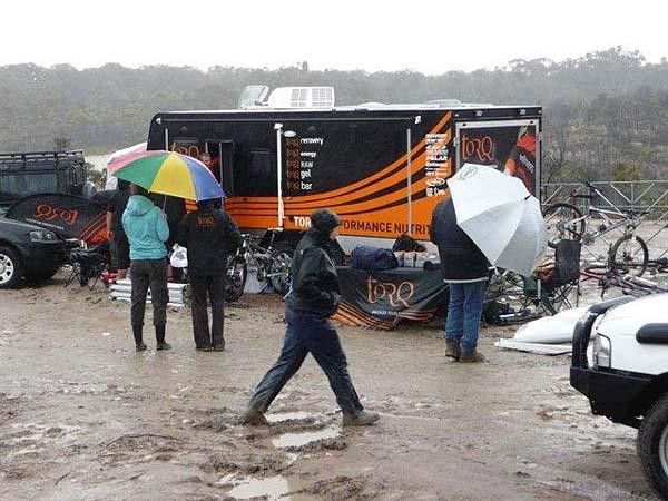 The Torq team camp was battered and bruised by the massive storm that thrashed the You Yangs during the women's race. Torq support staff were torn between feeding riders and saving what was left of the Torq Camp.