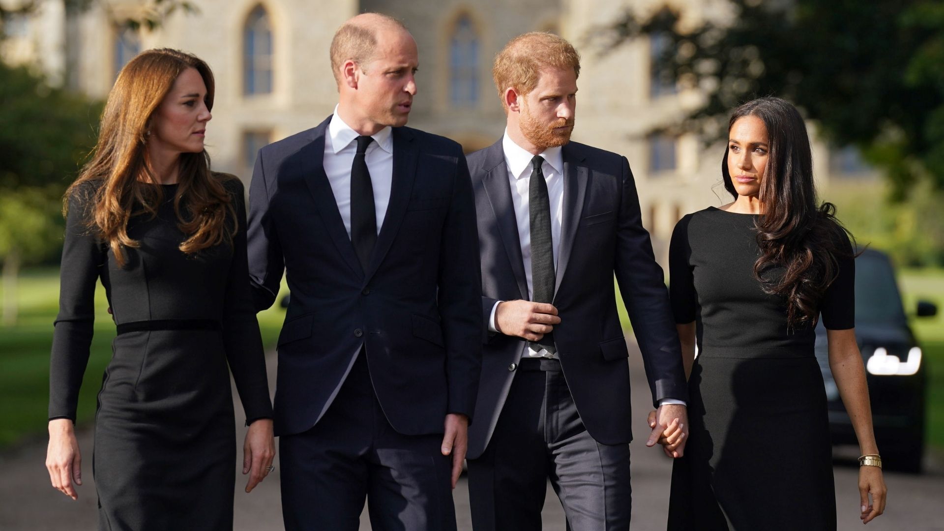 L-R: Kate Middleton, Prince William, Prince Harry and Meghan Markle at Windsor Castle on September 10, 2022