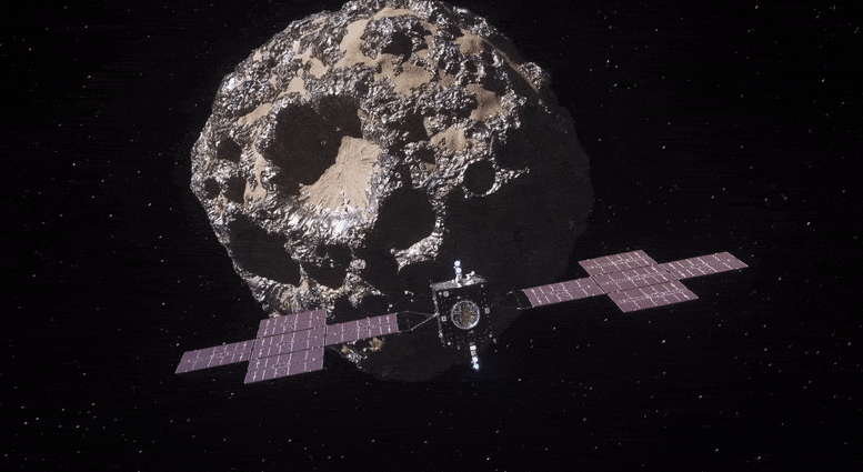An artist's visualization video showing the Psyche spacecraft getting closer to the asteroid.