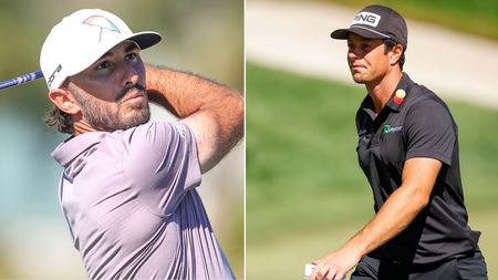 Max Homa watches his tee shot with a driver, whilst Viktor Hovland walks off the green