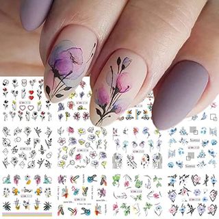 Nagelkunstaufkleber mit Blumenblättern, Wassertransfer-Nagelaufkleber, 12 Stück, geometrische Streifen, Blumen, Blätter, Nagelaufkleber für Nagelkunst, bunte Schieber, blühende Wasseraufkleber für die Nagelkunstdekoration im Sommer