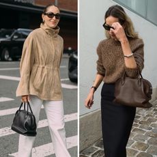 Woman wearing The Row Agnes Bag for a review.