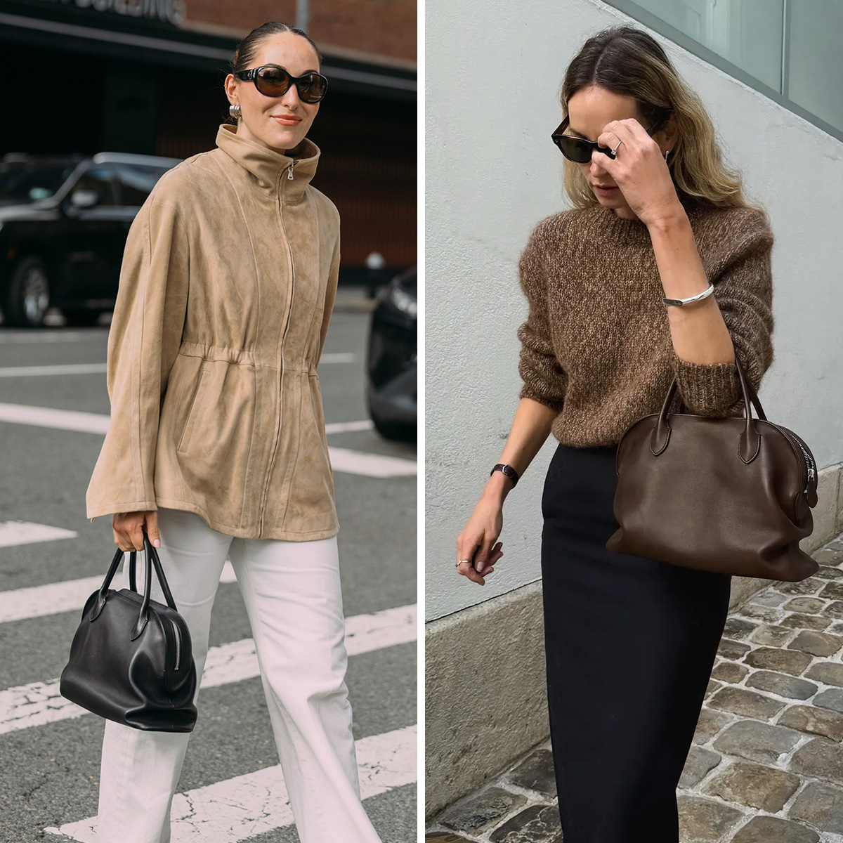 Woman wearing The Row Agnes Bag for a review.