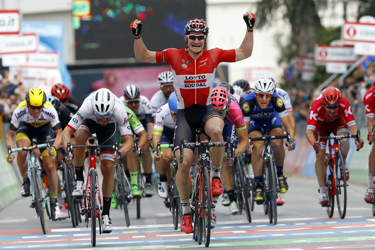 Andre Greipel celebrates his second win of the 2016 Giro d'Italia