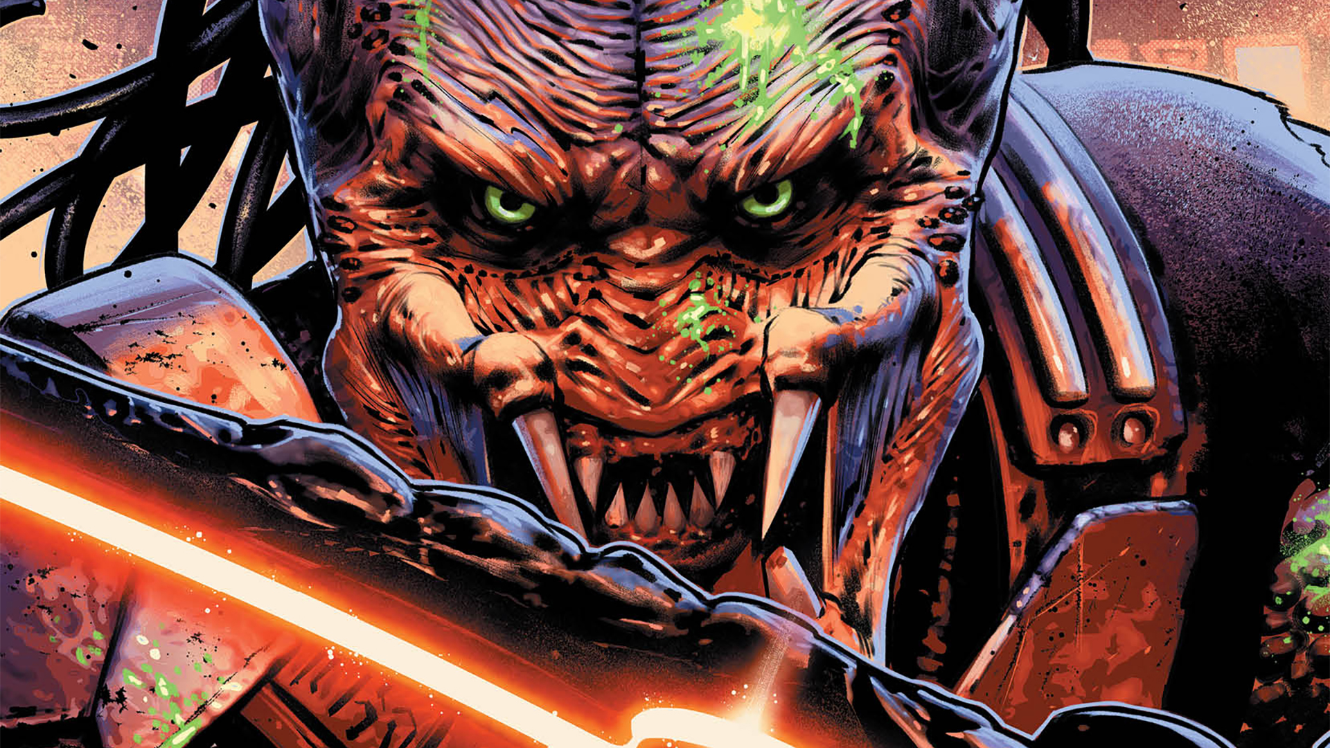 A Yautja covered in green blood while brandishing a high-tech weapon