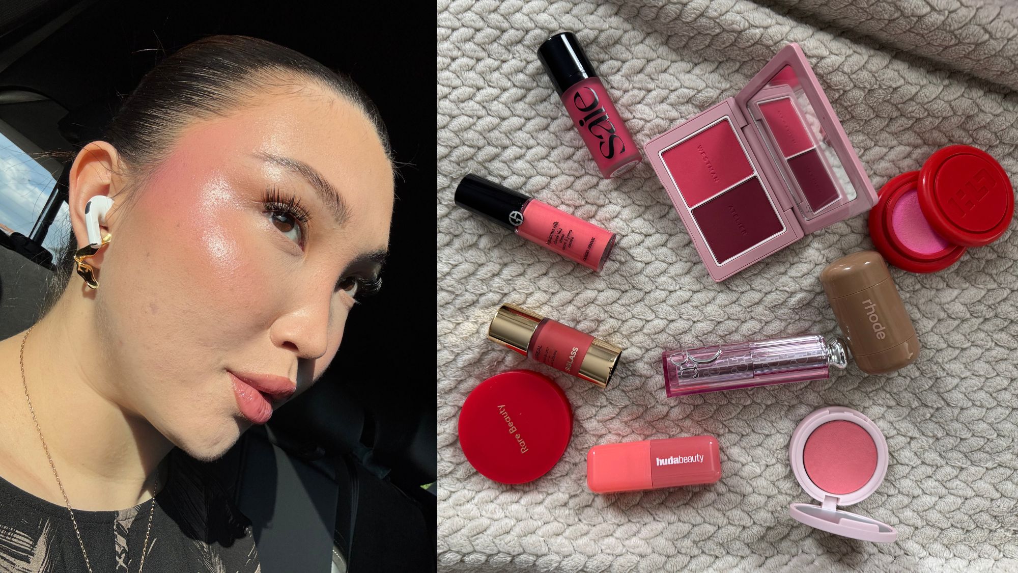 An image showing Denise Primbet trying the sorbet blush trend alongside some products