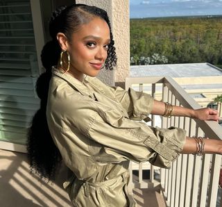 Tiffany Boone wears khaki jumpsuit for a press day for Mufasa: The Lion King.