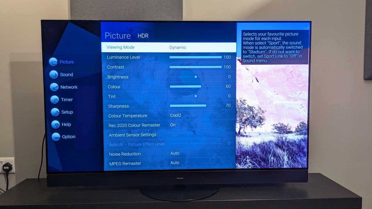 Panasonic MZ1500 with picture settings menu on screen