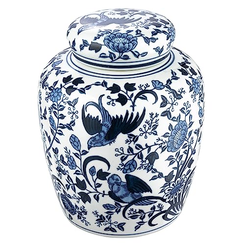 Creative Co-Op Decorative Bird Ceramic Ginger Jar With Lid, Blue and White