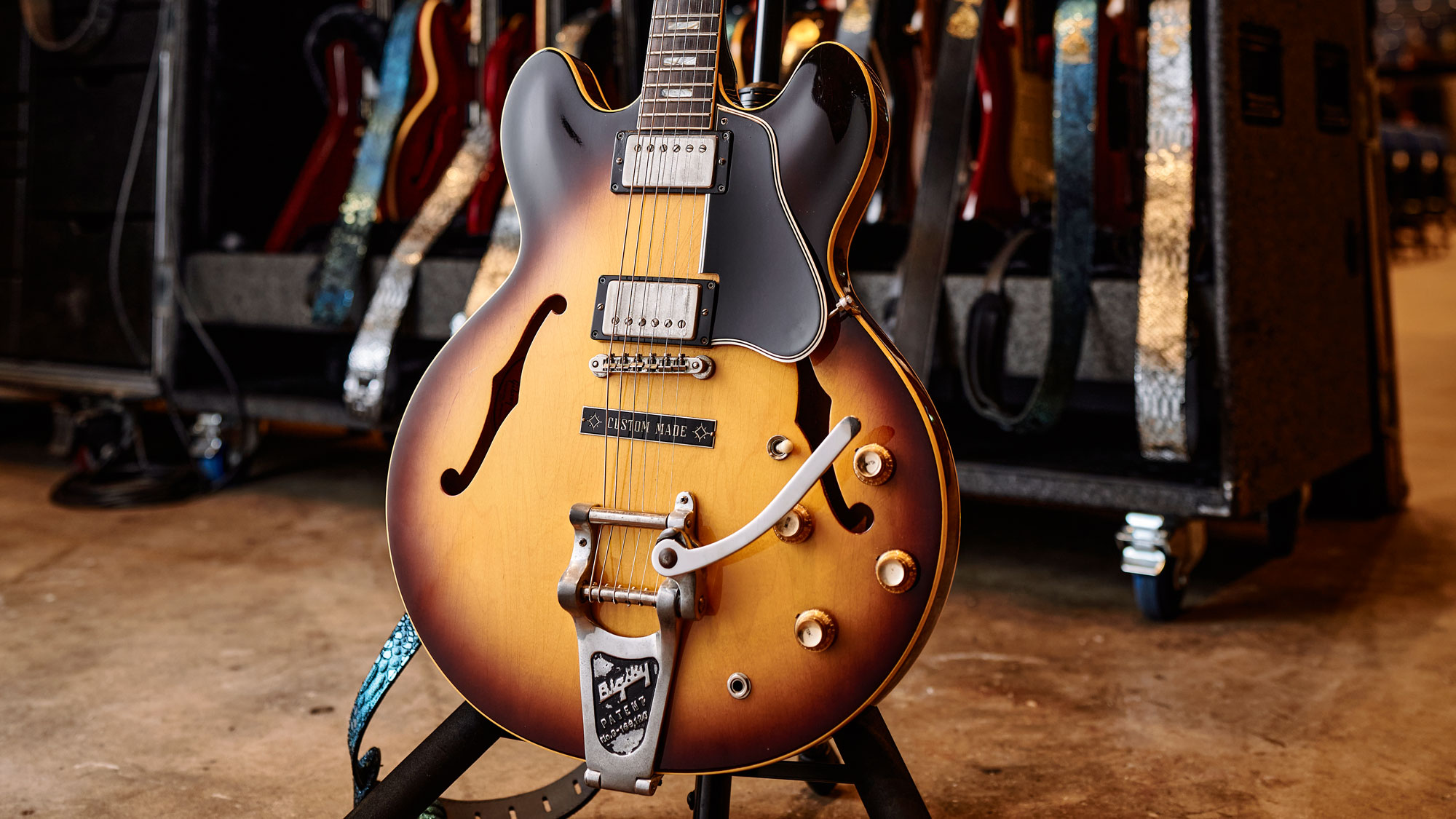 This early 1963 ES-335 is practically unique in that it has two Patent Applied For pickups