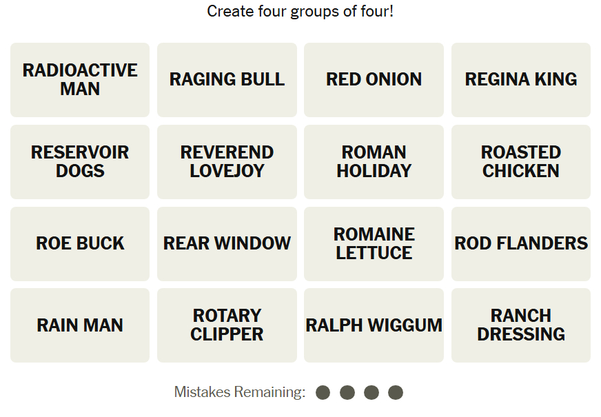 Unsolved NYT Connections word grid for April 27