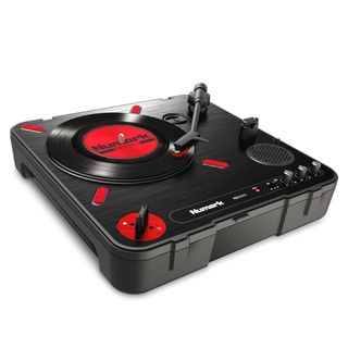 A red and black Numark PT01 Scratch portable record player on a white background