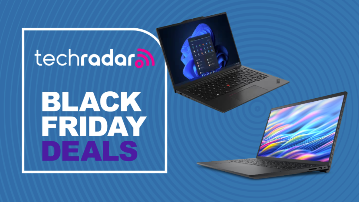 A Lenovo ThinkPad x1 Carbon and Dell 15 Laptop on a blue background next to a TechRadar badge reading &#039;Black Friday deals&#039;