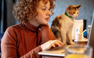 Young woman with cat using laptop