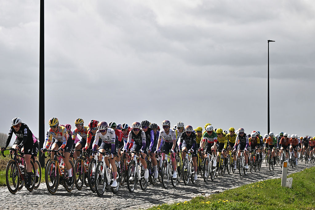 OUDENAARDE, BELGIUM - APRIL 05: A general view of the peloton competing during the 23rd Tour of Flanders 2026 - Ronde van Vlaandere - Women's Elite a 164.1km one day race from Oudenaarde to Oudenaarde / #UCIWWT / on April 05, 2026 in Oudenaarde, Belgium. (Photo by Luc Claessen/Getty Images)