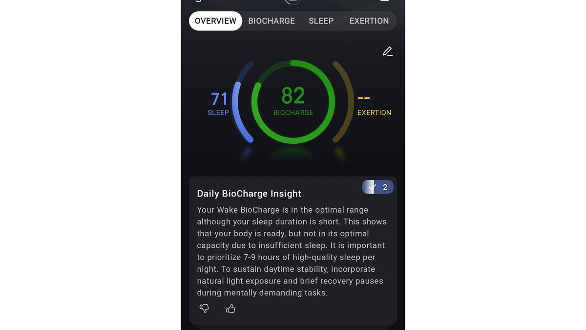 a screenshot of the daily biocharge insight from the Zepp app