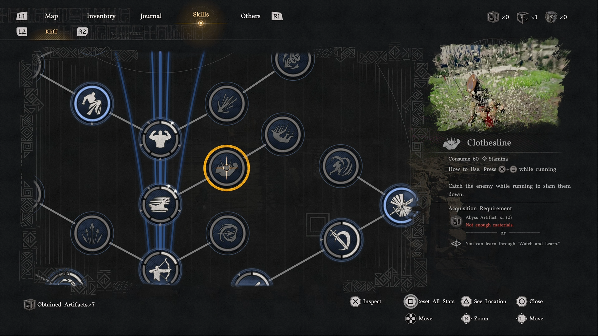 Skill trees from the Crimson Desert preview event, showcasing the ability to swing around like Spider-Man or Clothesline somebody.