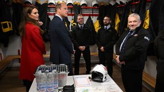 Prince William, Prince of Wales and his wife Britain's Catherine, Princess of Wales visit the RNLI (Royal National Lifeboat Institution) Holyhead Lifeboat Station in Anglesey