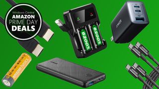 Image of various chargers, batteries, and cables for Amazon Prime Day.