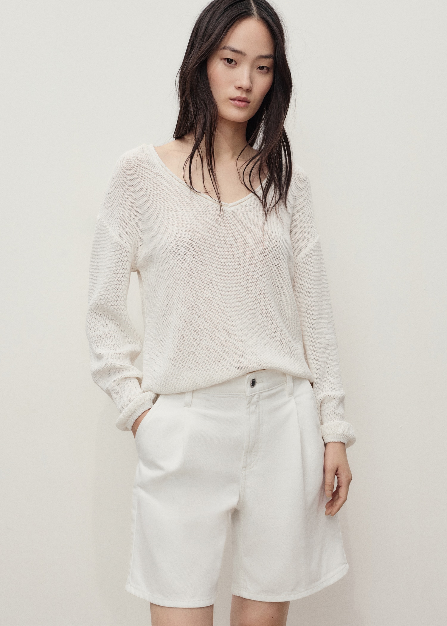 Mid-Rise Denim Bermuda Shorts With Pleats - Women | Mango United Kingdom