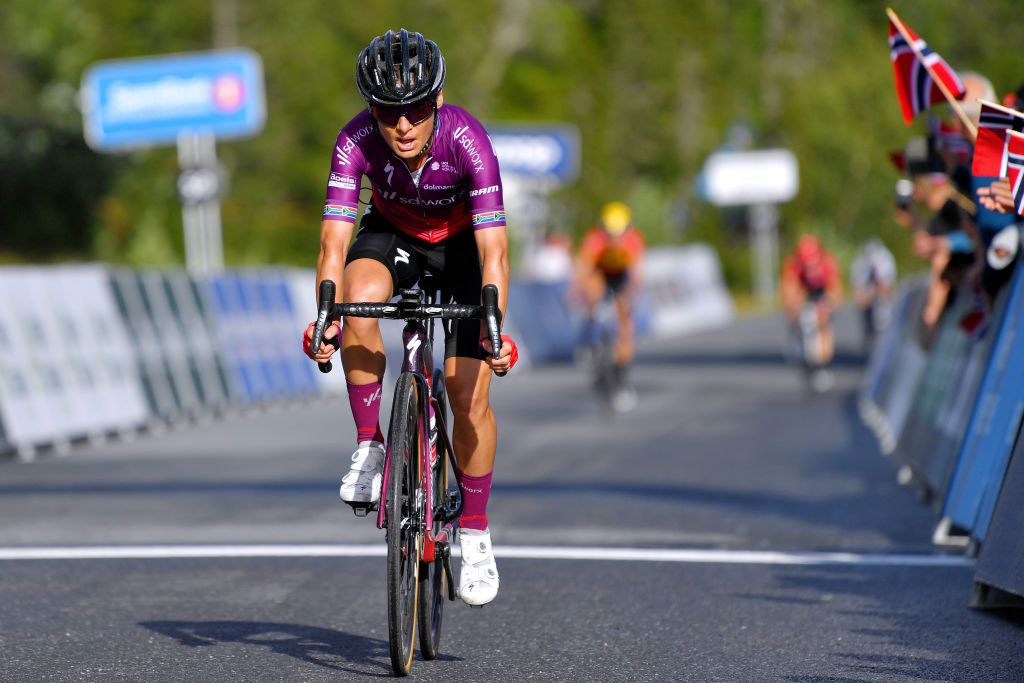 NOREFJELL NORWAY AUGUST 14 Ashleigh Moolman Pasio of South Africa and Team SD Worx crosses the finishing line in second place during the 7th Ladies Tour Of Norway 2021 Stage 3 a 145k stage from Drammen to Norefjell 791m LTourOfNorway LTON21 UCIWWT on August 14 2021 in Norefjell Norway Photo by Luc ClaessenGetty Images