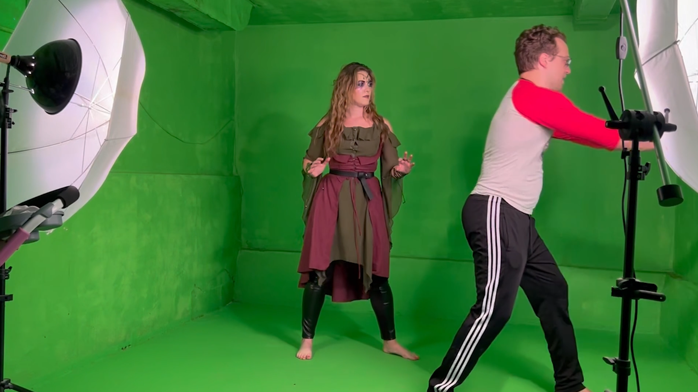 Green screen photos of a game being made