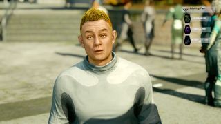 Starfield - Adoring Fan, a person with a bright yellow fauxhawk next to an overlay showing their skills