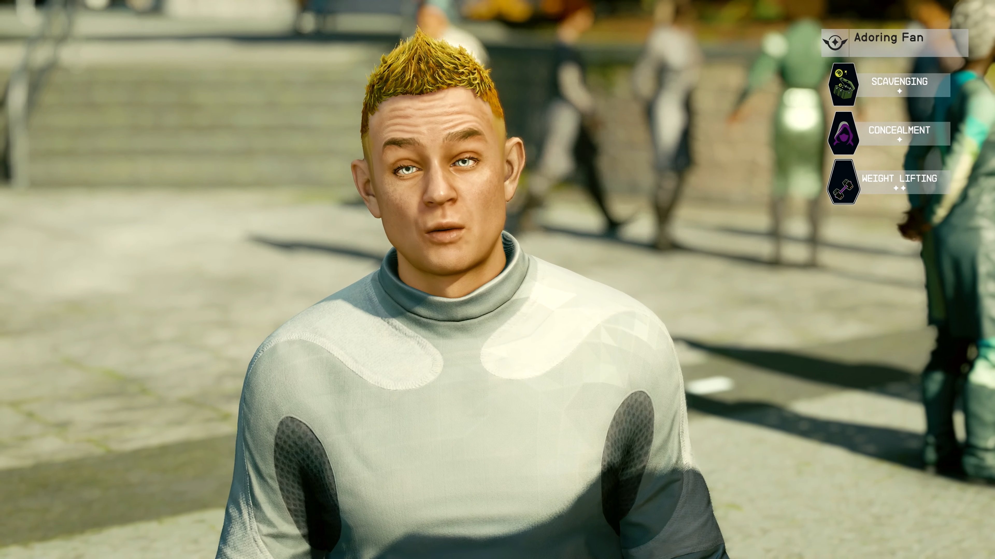 Starfield companions - Adoring Fan, a person with a bright yellow fauxhawk next to an overlay showing their skills