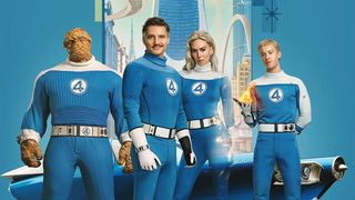 A screenshot of a poster for The Fantastic Four: First Steps showing the Marvel superteam posing in front of the Fantasticar