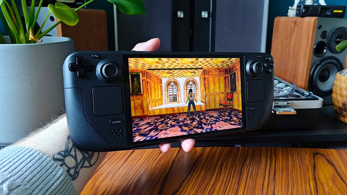Steam Deck OLED running Tomb Raider 2 Remastered with Lara standing in bedroom