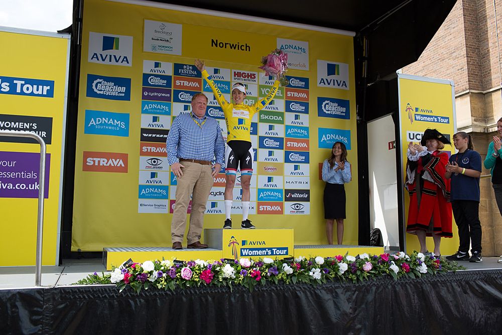 Christine Majerus (LUX) of Boels-Dolmans Cycling Team celebrates the yellow jersey, after the Aviva Women's Tour 2016 - Stage 1